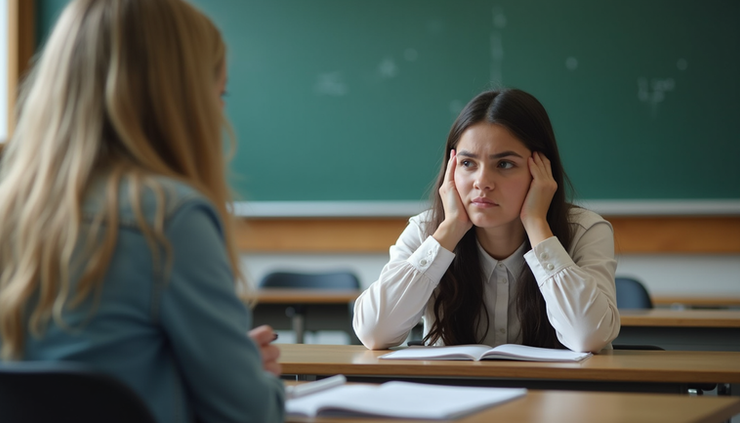 Eye-level view of a classroom with a teacher calmly engaging a teenage student showing signs of frustration