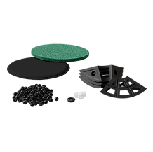 50-inch pond filter bowl kit showing sponge filters, support trays, plumbing parts, and hardware