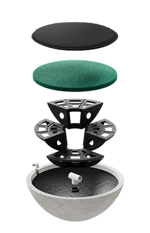 Exploded view of a pond filter bowl showing the layered components: black top screen, green filter sponge, black internal support structure, and gray bowl base with plumbing connection.