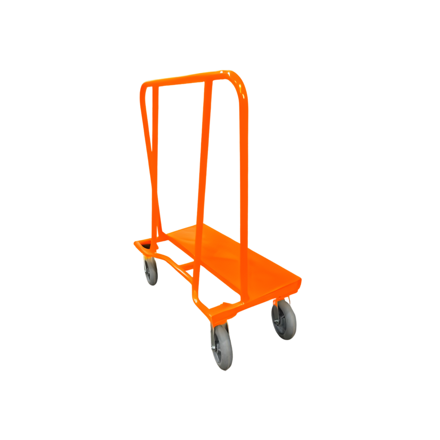 Orange Drywall Dolly Cart with vertical support rails and four swivel caster wheels, used for transporting glass sheets and other materials upright.