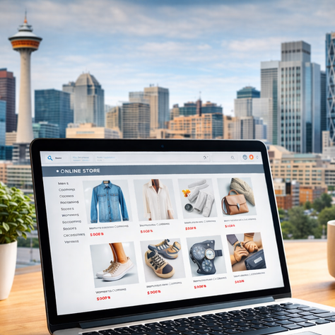 Laptop showing e-commerce website with Calgary skyline, illustrating how to launch online store Calgary businesses can scale.