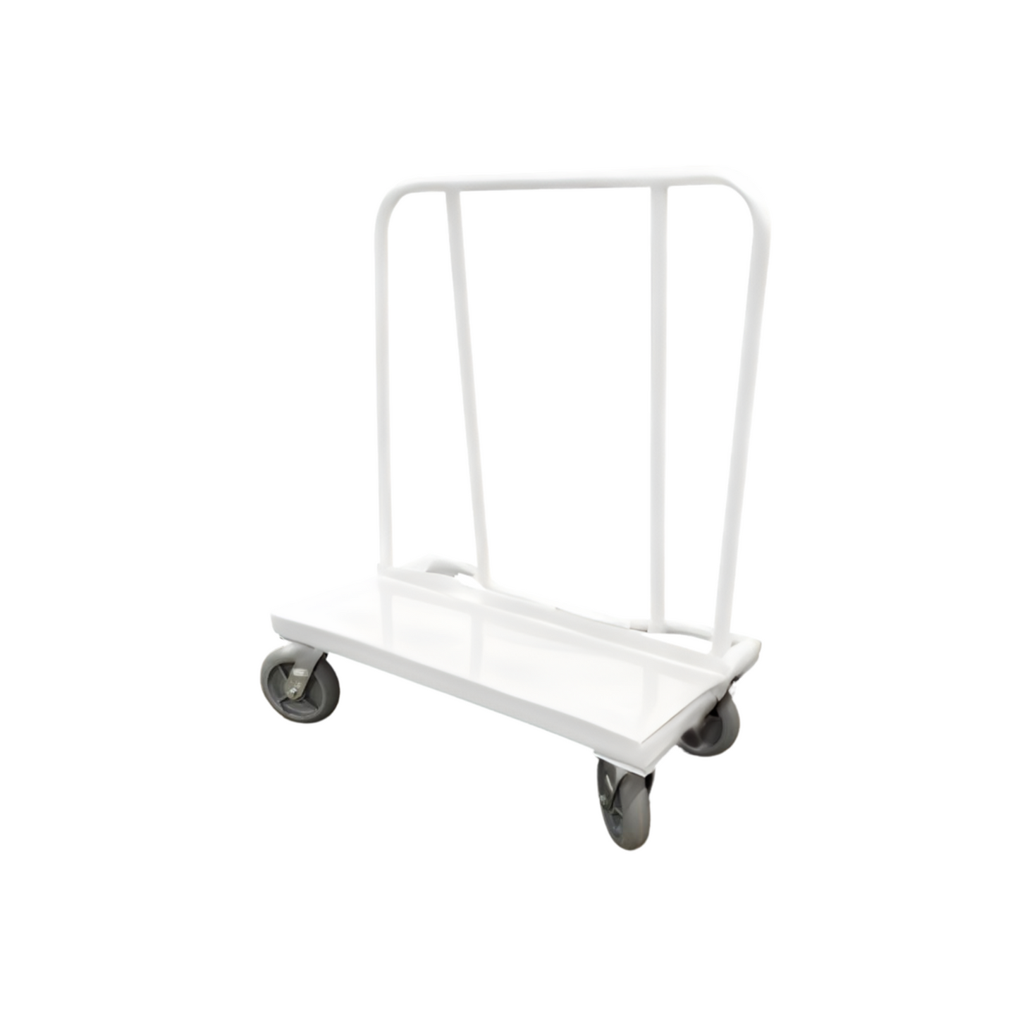 White Drywall Dolly Cart with vertical support rails and four swivel caster wheels, used for transporting glass sheets and other materials upright.