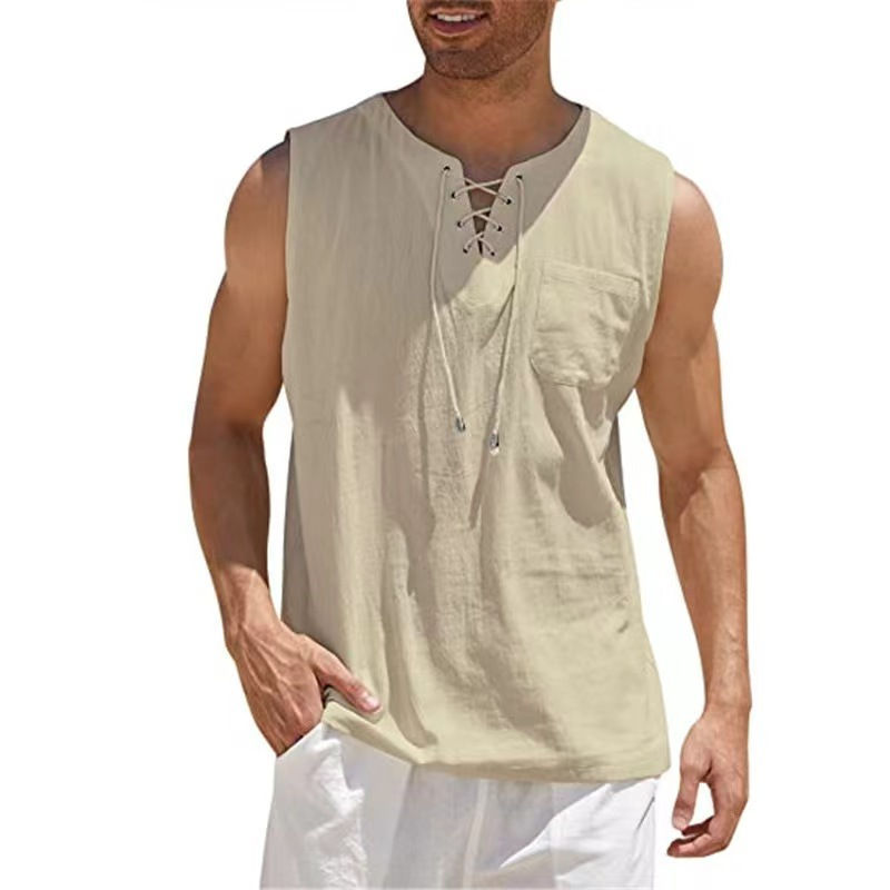 Thumbnail: Cotton Linen Shirts Men's Casual Sleeveless Vest Lace Up Shirts Retro v Neck