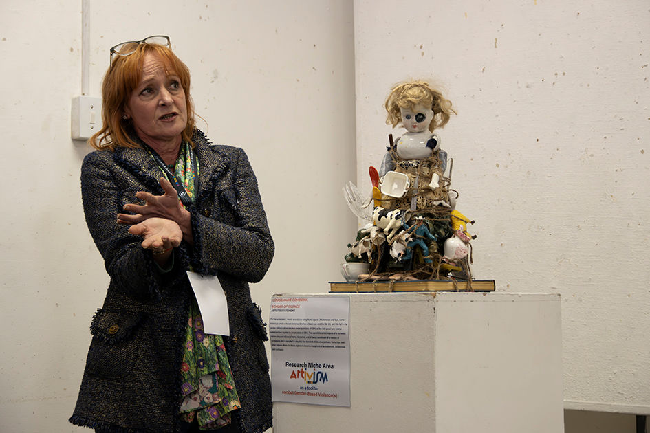 Oh, and she fell in the garden, is a thought-provoking sculpture by North-West University’s Dr Louisemarié Combrink that was on display.