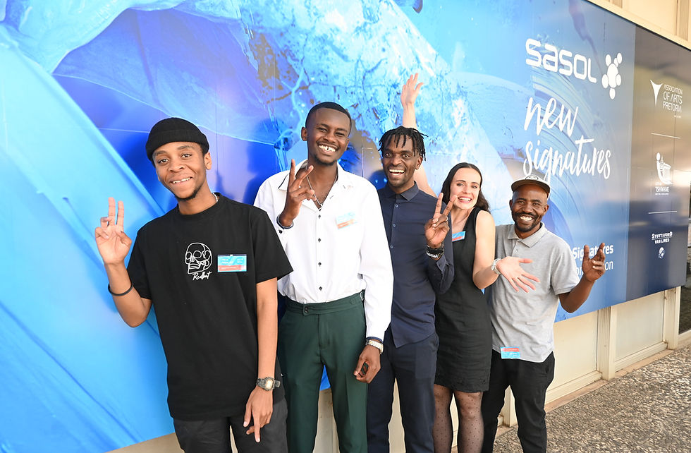 A proud moment for Pfunzo Sidogi, Assistant Dean: Postgraduate Studies, Research & Innovation, Faculty of Arts and Design, and National Chairperson of the Sasol New Signatures Visual Arts competition (third from left). Here he poses with Sasol New Signatures 2025 finalists, Spesihle Hlatswayo, Njabulo Molombo, Viola Greyling and Sello Letswalo.