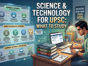 An infographic titled 'SCIENCE & TECHNOLOGY FOR UPSC: WHAT TO STUDY' with a roadmap detailing key topics: General Science (Foundation in Physics, Chemistry, Biology), Core Technology Domains (Space, Defense, Biotech, IT, Nuclear Energy), and Current Affairs & Applied S&T. On the right, a student studies at a desk with textbooks and a laptop.