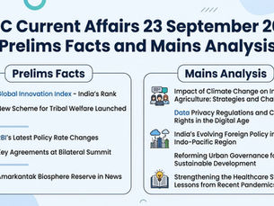 An educational infographic titled "UPSC Current Affairs 23 September 2026: Prelims Facts and Mains Analysis" divided into two columns detailing study topics.