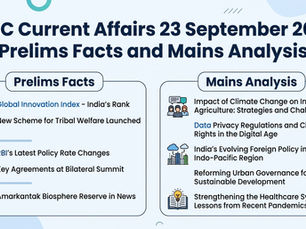 An educational infographic titled "UPSC Current Affairs 23 September 2026: Prelims Facts and Mains Analysis" divided into two columns detailing study topics.