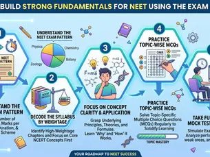 Infographic outlining a 5-step roadmap to build strong NEET fundamentals using the exam pattern: understand pattern, decode weightage, focus on concept clarity, practice MCQs, and take mock tests.