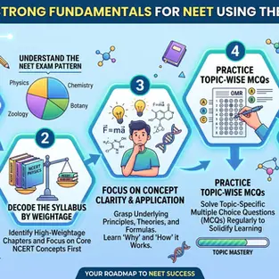 Infographic outlining a 5-step roadmap to build strong NEET fundamentals using the exam pattern: understand pattern, decode weightage, focus on concept clarity, practice MCQs, and take mock tests.