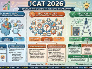 Infographic showing the CAT 2026 syllabus and exam pattern broken down into three sections: VARC, DILR, and QA, including question counts, time limits, and key topics.