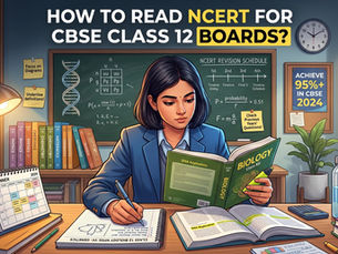 An illustrated Indian female student in a school uniform focused on studying at a desk with the headline "HOW TO READ NCERT FOR CBSE CLASS 12 BOARDS?". She reads an open Class 12 Biology NCERT textbook with a highlighter and writes notes in a spiral notebook. The organized desk features highlighters, pens, a study planner, and textbooks for Physics, Chemistry, and Mathematics, set against a background of a chalkboard with science diagrams, revision schedules, and motivational study notes.