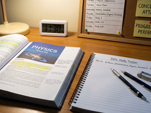 A wooden study desk under the warm glow of a table lamp. On the left lies an open textbook with highlighted passages and diagrams. Next to it sits a spiral notebook opened to a page titled "Daily Study Tracker" with handwritten study logs, accompanied by mechanical pencils and an eraser. In the background, a white digital desk clock displays "11:30 PM" beside a corkboard pinned with a weekly study timetable and two motivational sticky notes reading "CONCEPT > ATTEMPT." and "PROGRESS, NOT PERFECTION."