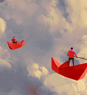 Red Boats in Sky