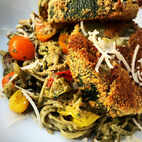 Pesto Edamame Pasta w/ Baked Zucchini Steaks