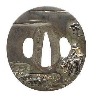 月下牧童図鐔 銘 奈良正幸花押