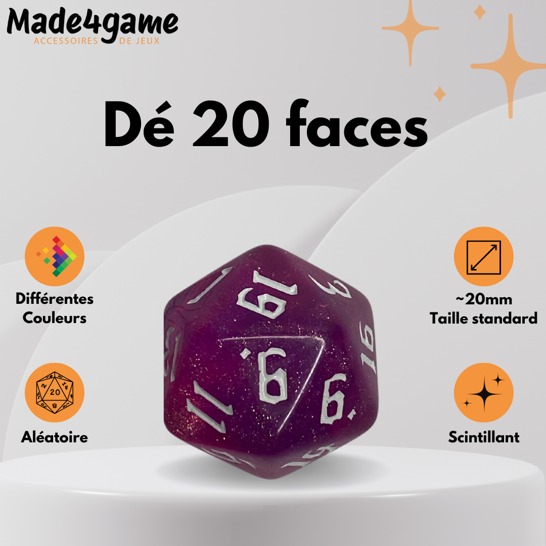 Lot de 5 dés 20 faces scintillants