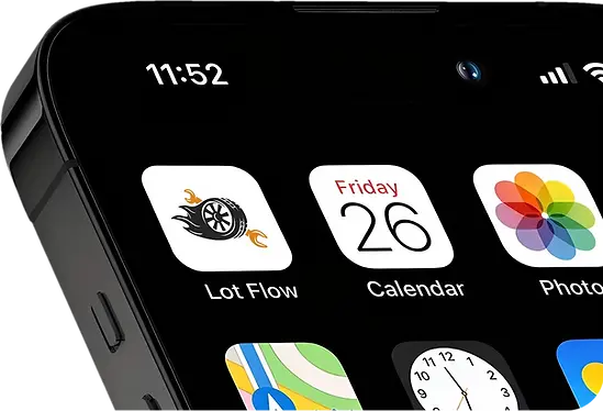 Smartphone displaying vehicle management app for tracking car inventory and workflow stages