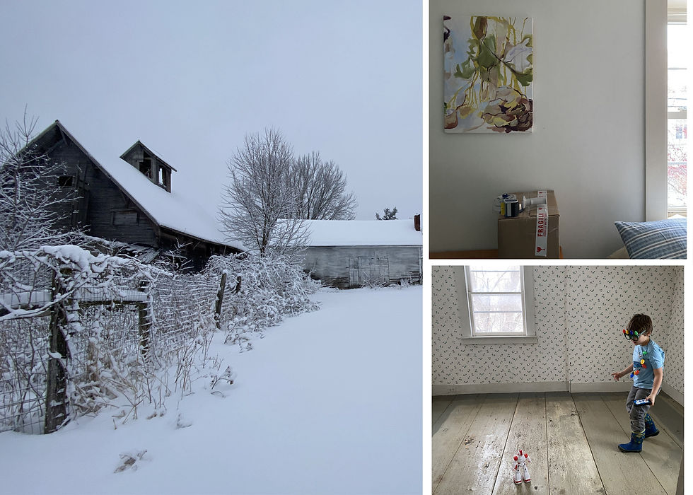 Three-panel collage: snowy barnyard, a wall with abstract art and a FRAGILE box, and a boy with a toy robot in a bare room.
