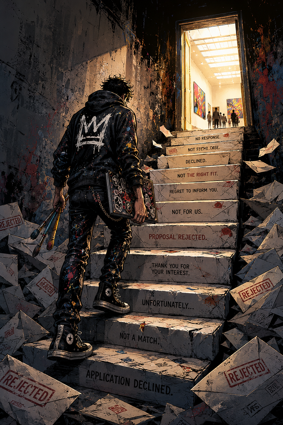 artist climbing the steps towards success