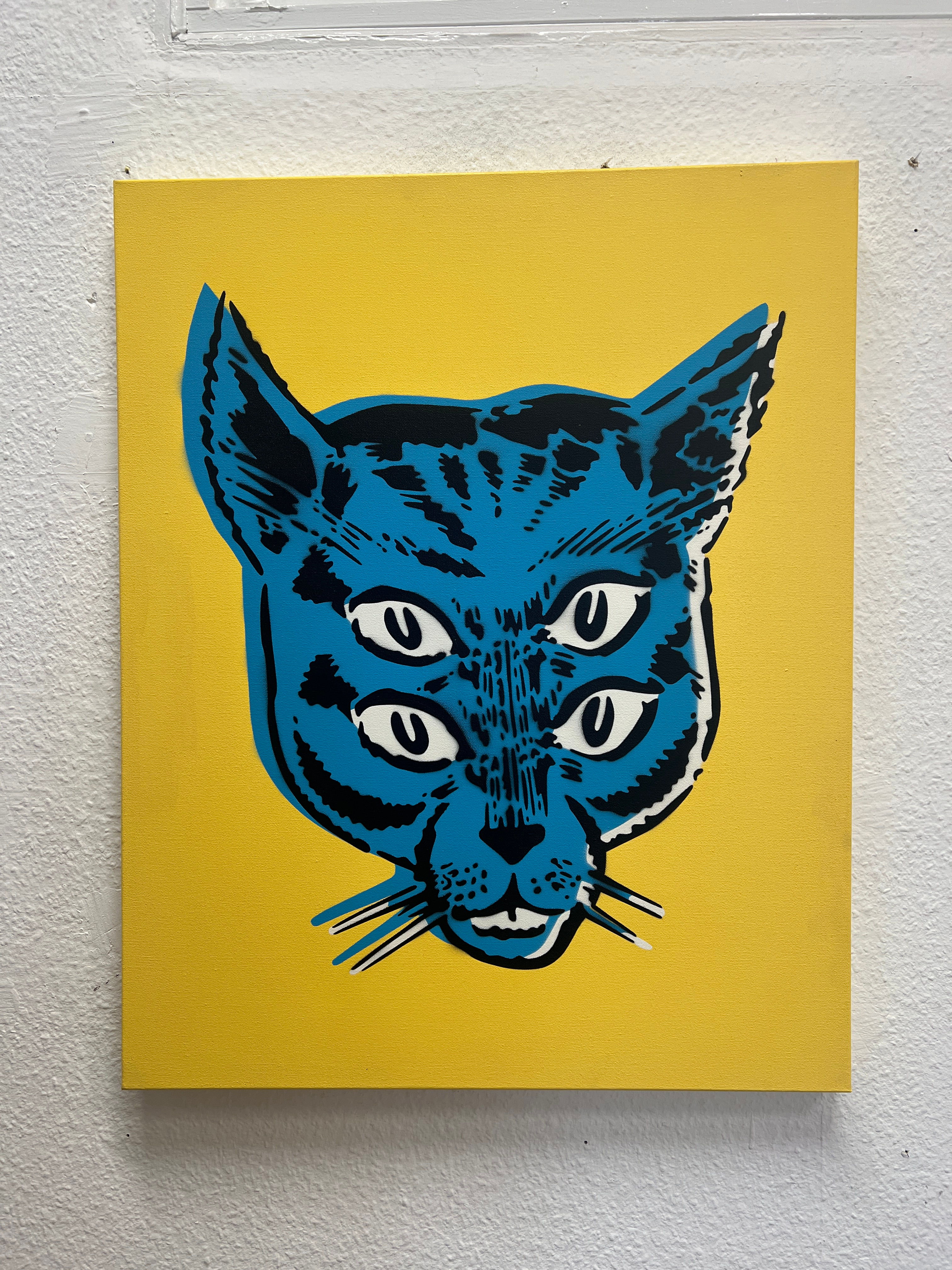 4 EYED CAT YELLOW BLUE 30"X 24"