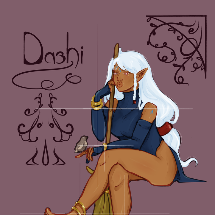 A fantastical woman holding a broom with a bird on her finger