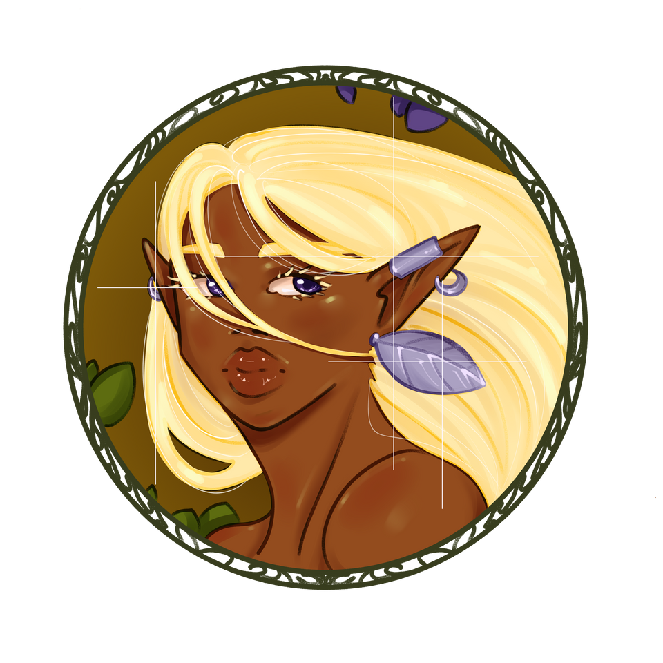 A portrait of a woman with blonde hair  and silver jewelry