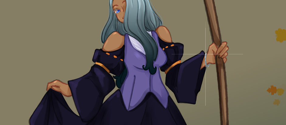 A girl in a Halloween themed dress with a broomstick