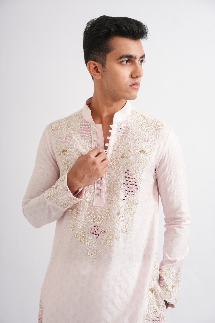 Blush Heirloom Pink Banarasi Jacquard Kurta Ensemble for men with pearl resham and sequin hand embroidery