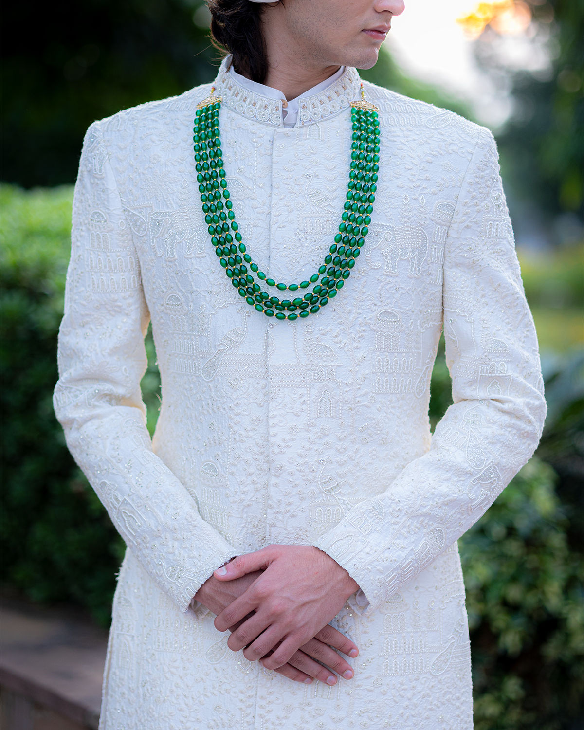Off white ELEPHANT AND PEARL EMBROIDERED SHERWANI