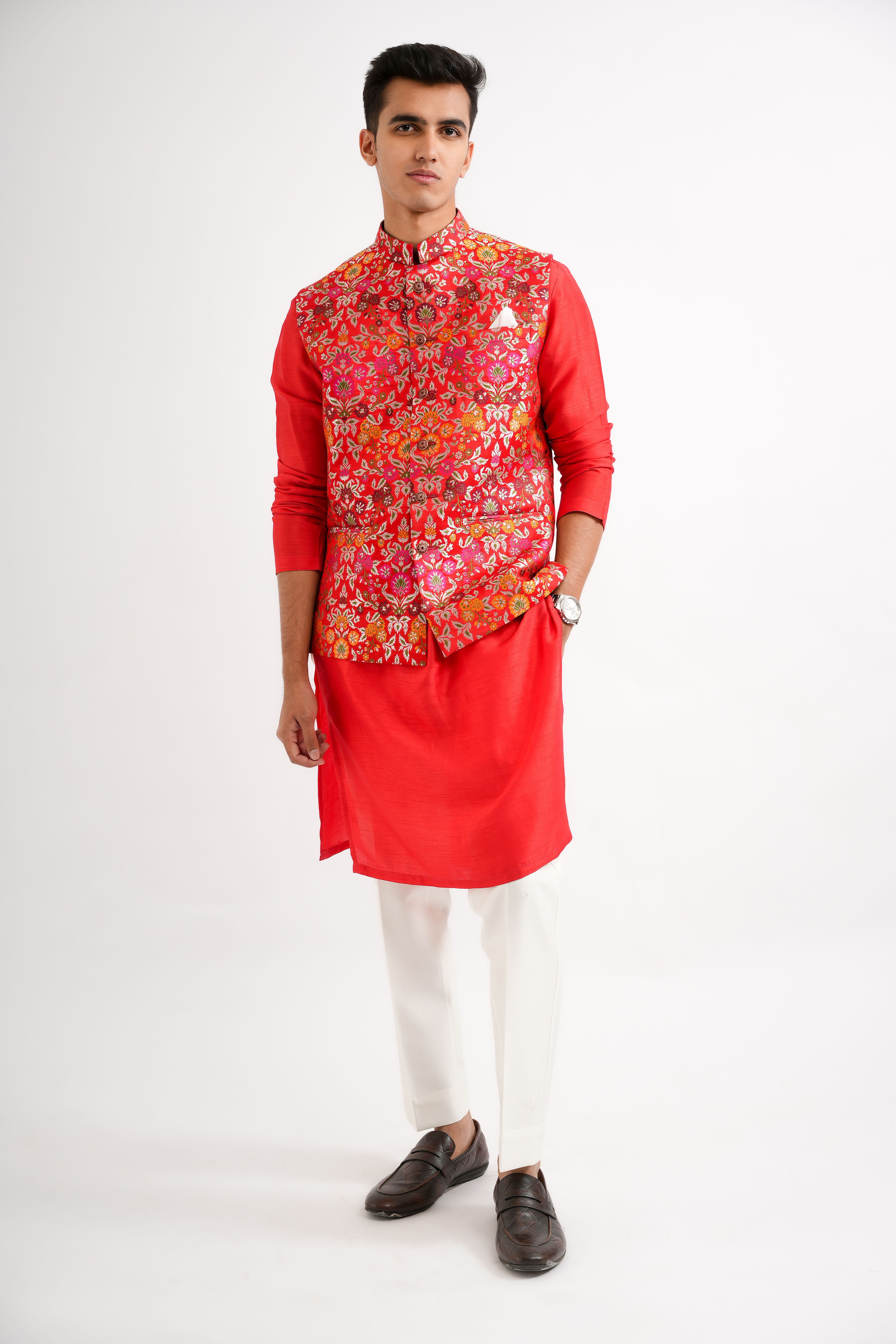 Red brocade kurta bandi set