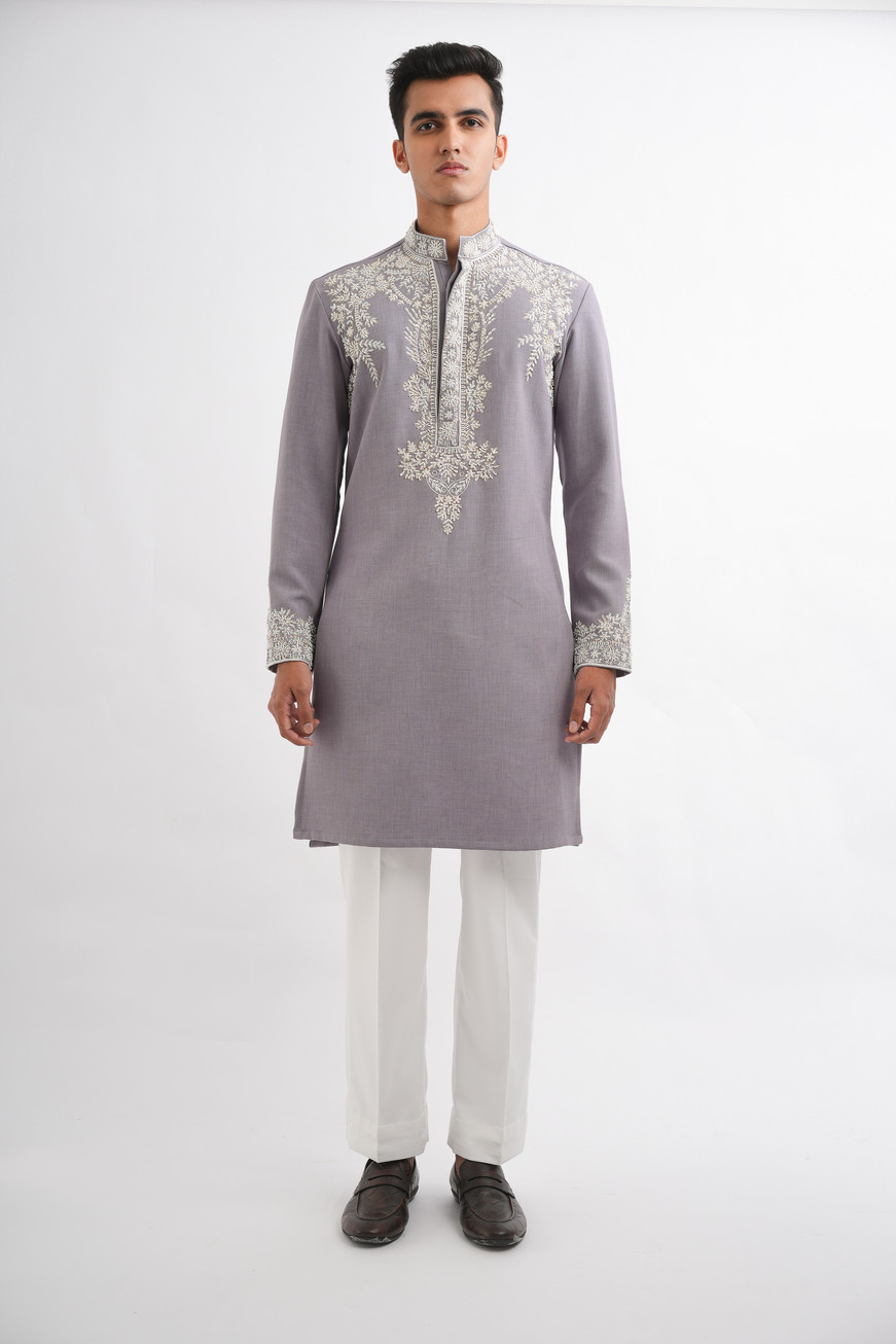 Delicate dori and pearl hand embroidery on cuffs of lavender Tencel kurta set
