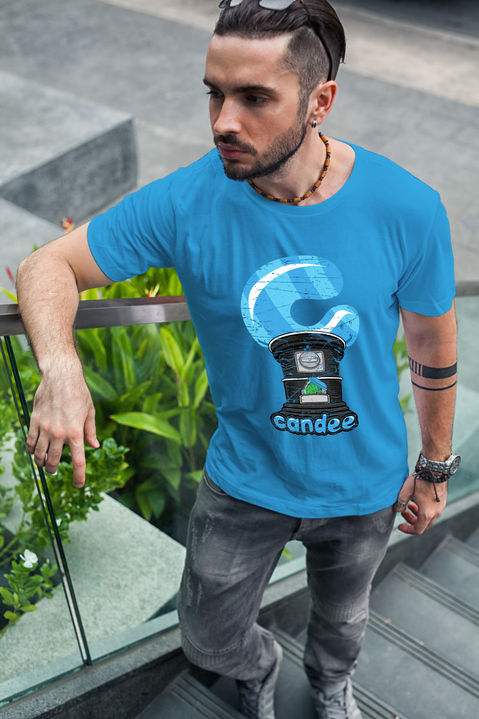 Man wearing Candee C gumball machine t-shirt design with bold artwork