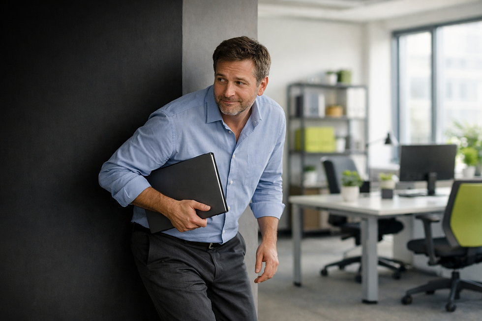 Ein Mann in Business-Casual-Kleidung verlässt vorsichtig einen schattigen Bereich eines modernen Büros und tritt in einen hellen Arbeitsbereich. Er hält einen geschlossenen Laptop unter dem Arm und wirkt zurückhaltend und leicht verlegen.