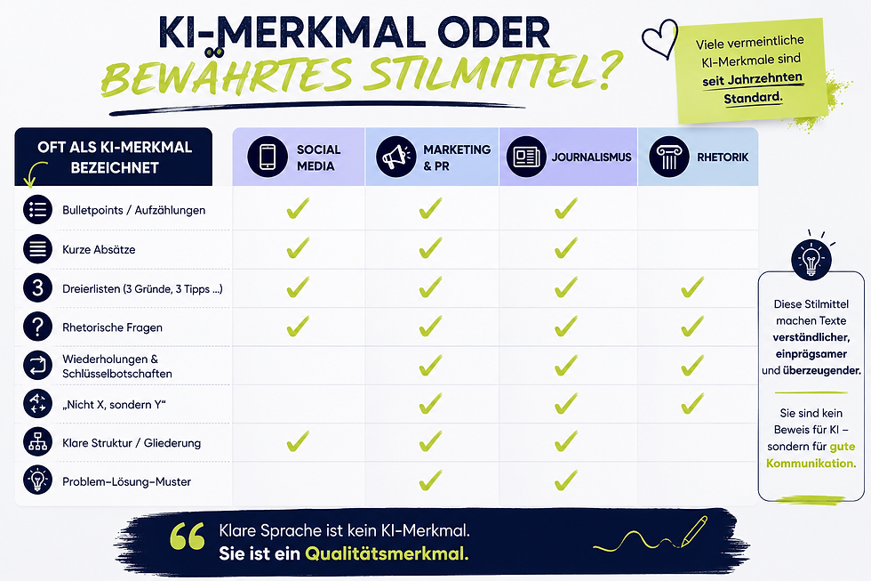 Infografik: KI-Merkmal oder Stilmittel? Tabelle vergleicht Bulletpoints, Fragen und Wiederholungen in Medien und Rhetorik.