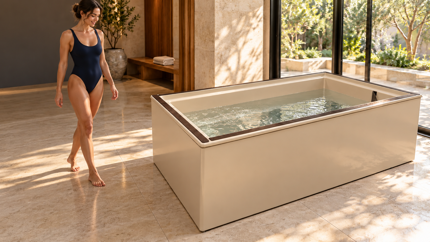Beige UNITED tub with dark brown grip padding and a guest walking toward it in a sunlit resort recovery suite — illustrative installation concept