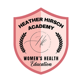 Heather Hirsch Academy logo featuring a pink shield design, emphasizing women's health education and personalized care in men