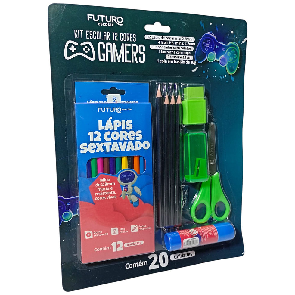 Kit Escolar com 20 Peças 12 Lápis Cor 4 Lápis HB 1 Cola 1 Borracha 1 Apontador