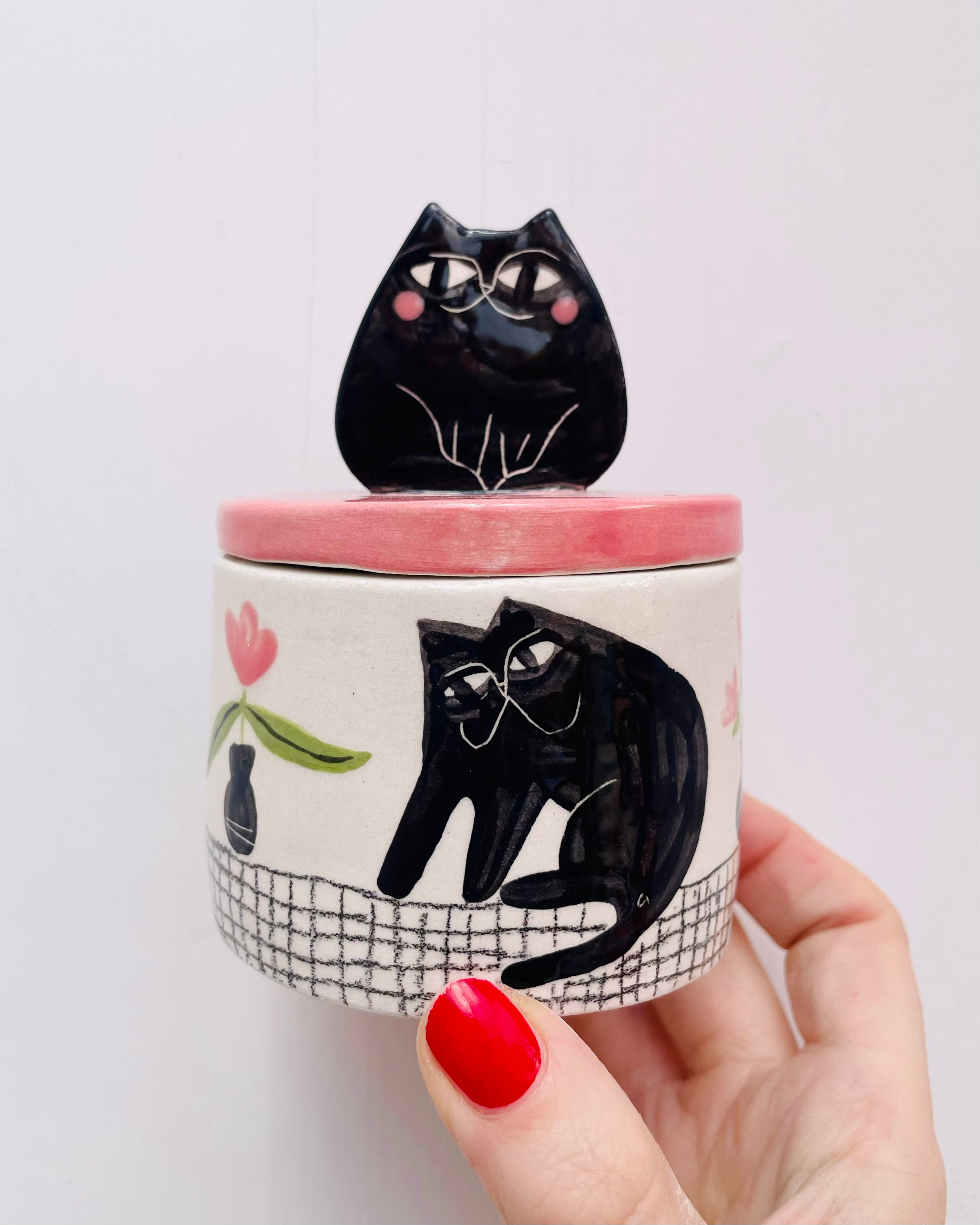 Black cat and flowers- trinket dish with the lid