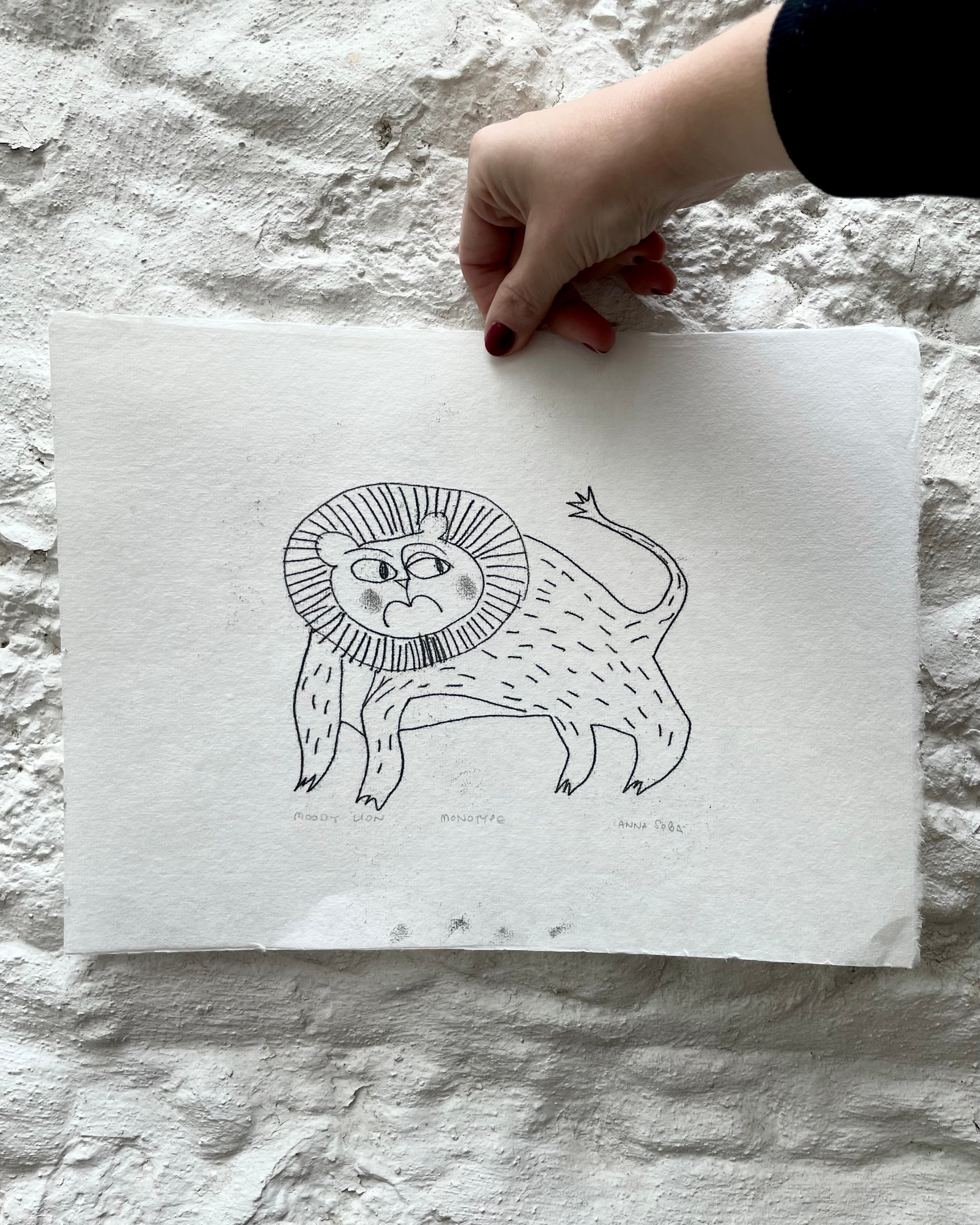 Moody lion , monotype print