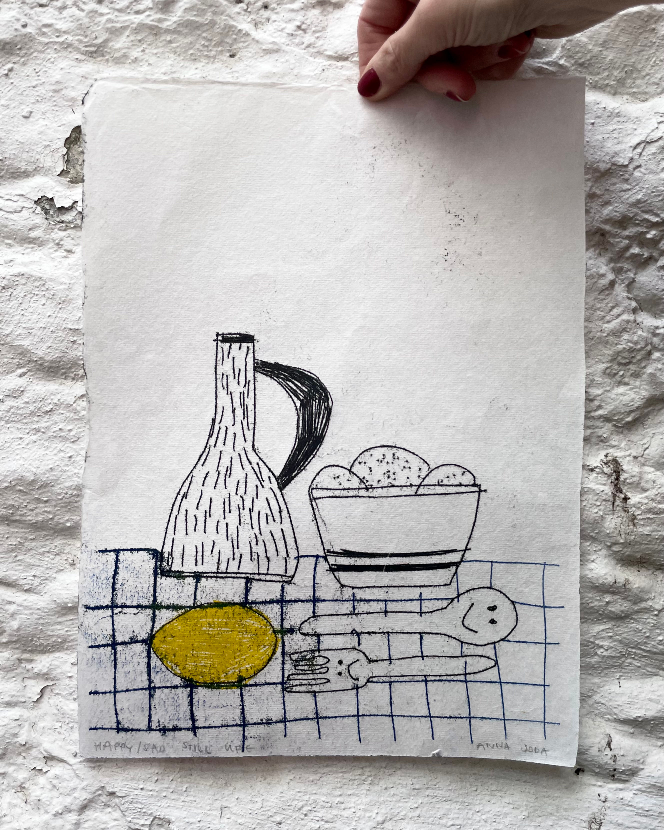 Happy/sad still life, monotype print