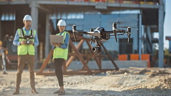 Diverse Team of Specialists Pilot Drone on Construction Site. Architectural Engineer and S