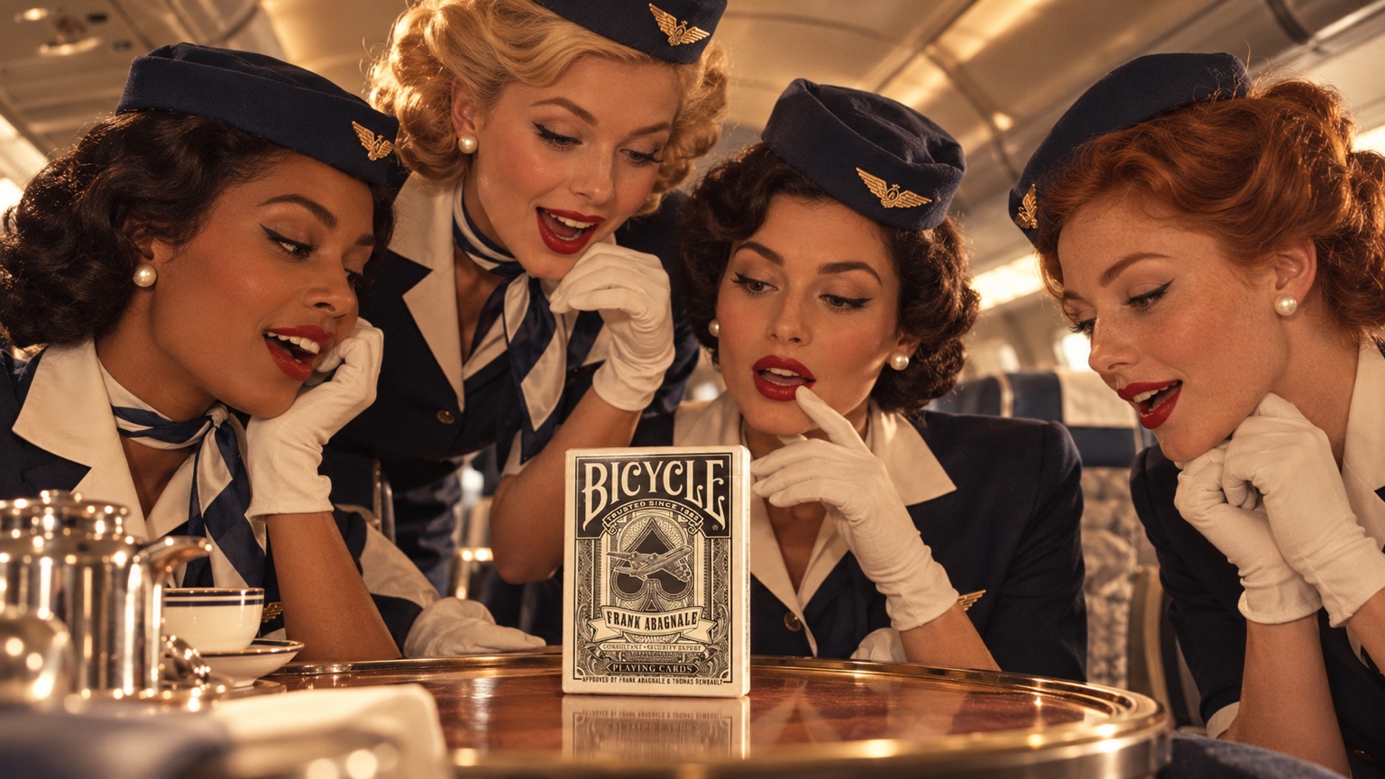 Four glamorous vintage cabin crew members discovering the Bicycle Frank Abagnale deck aboard an aircraft