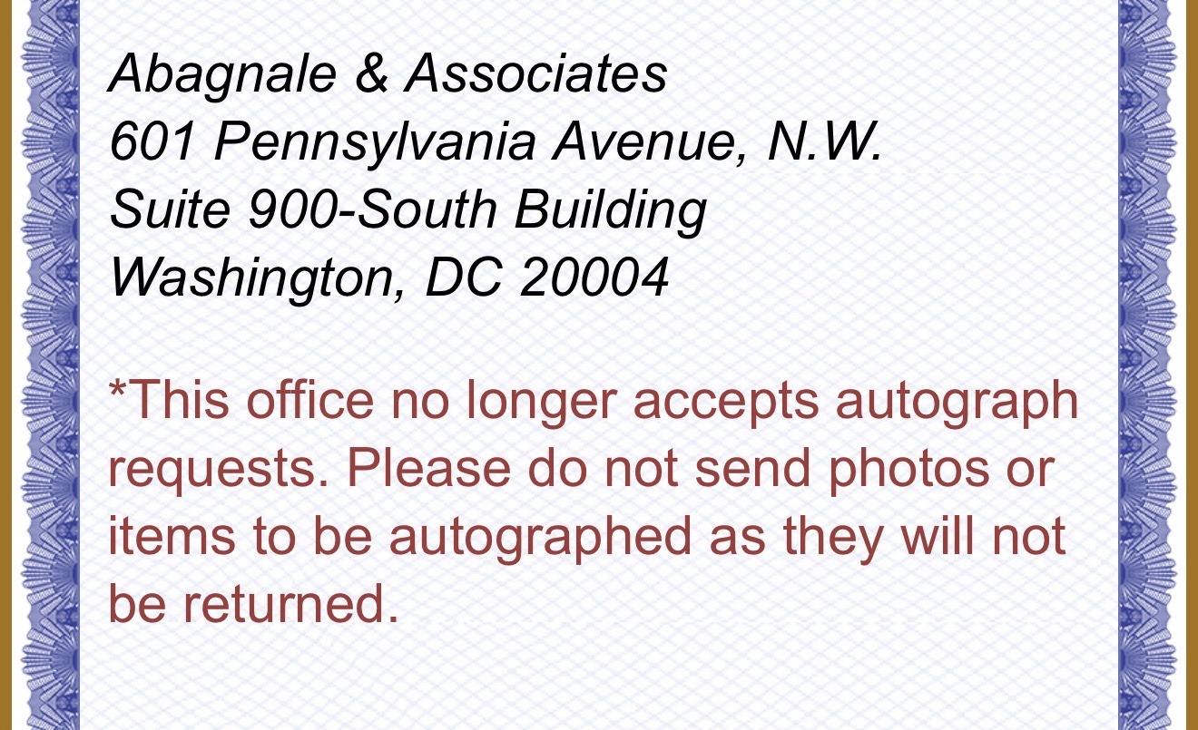 Official notice from Abagnale & Associates stating that the office no longer accepts autograph requests