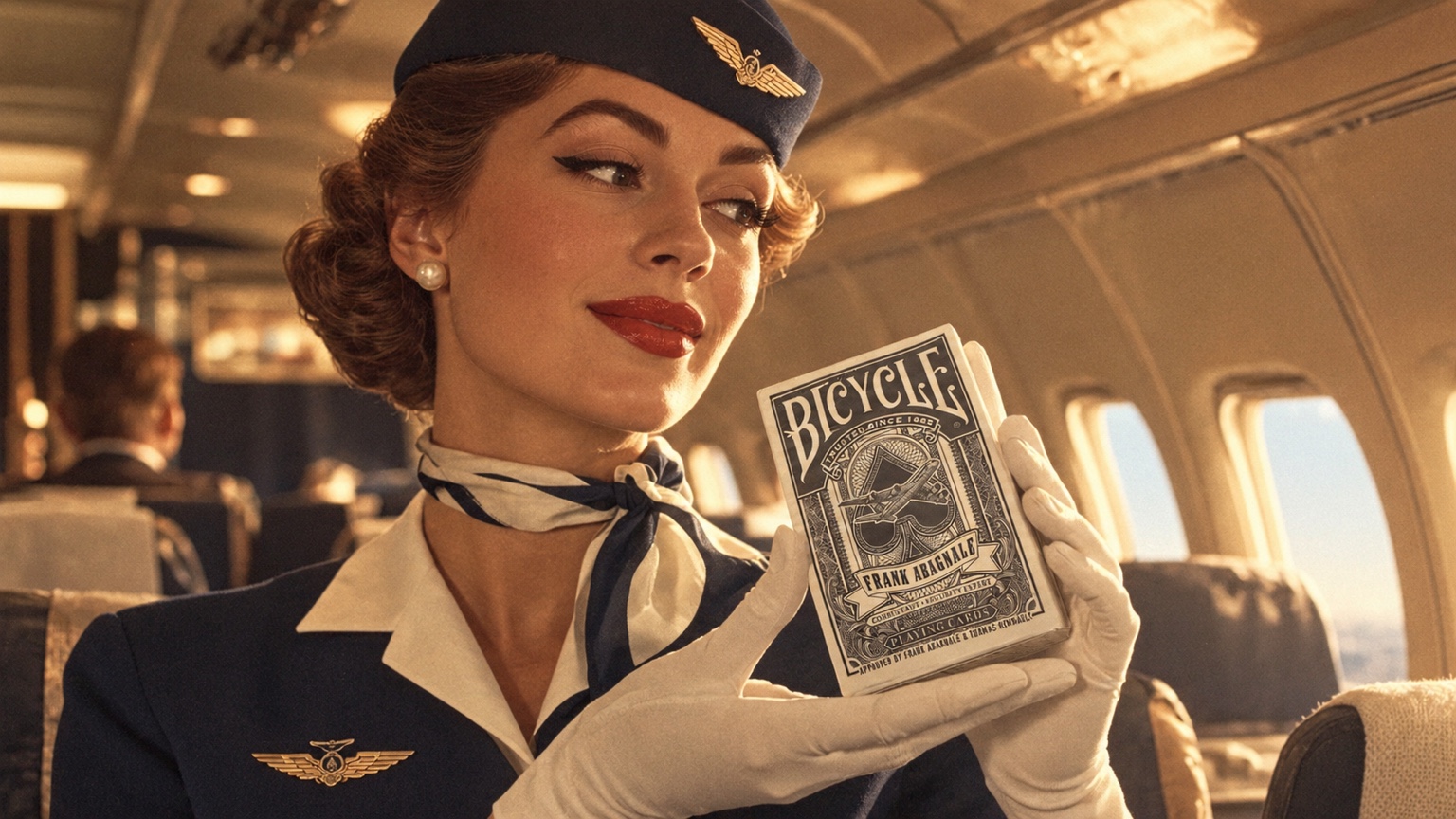Cabin crew member presenting the Bicycle Frank Abagnale deck inside a vintage aircraft