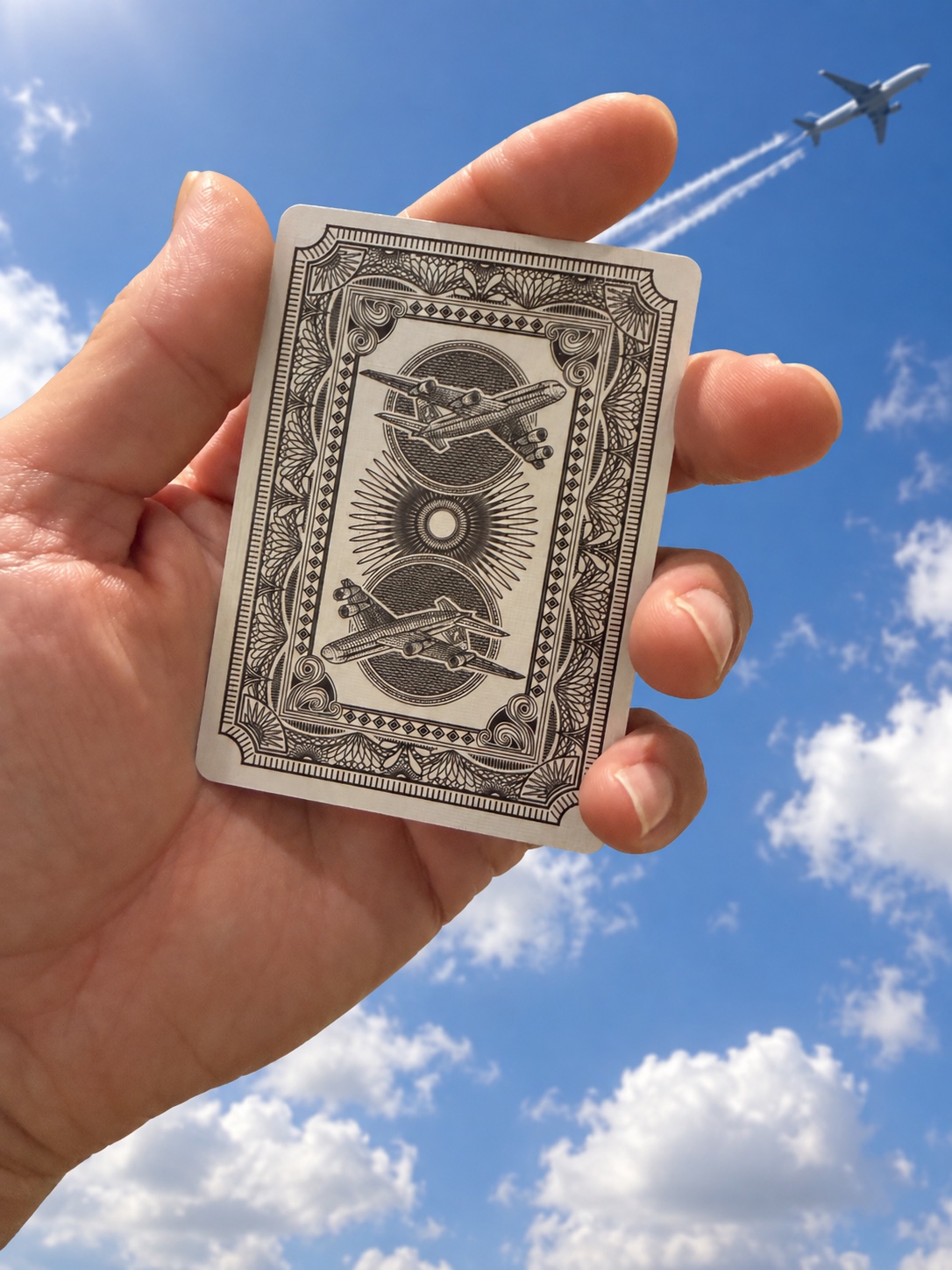 Back design of a Frank Abagnale playing card held against an aircraft in the sky