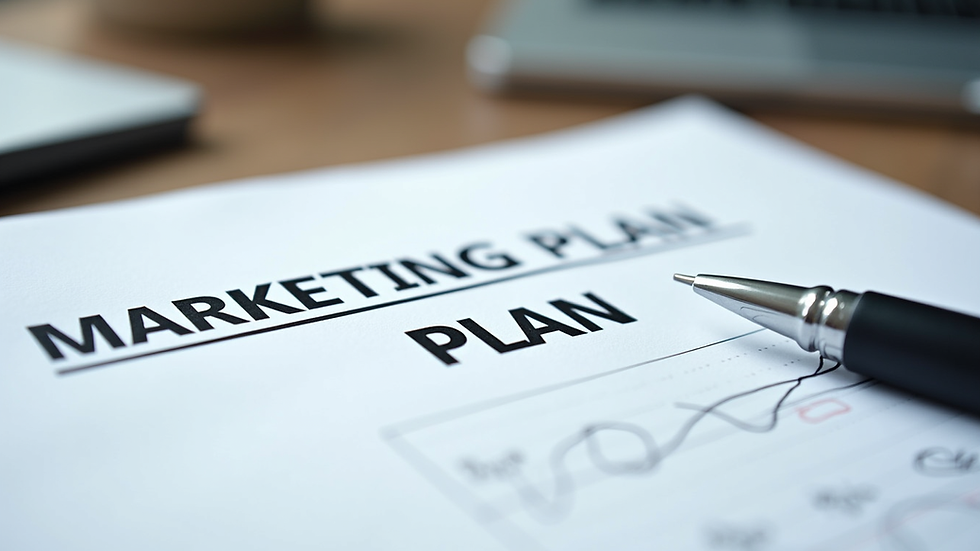 Close-up view of a printed marketing plan template with notes and a pen