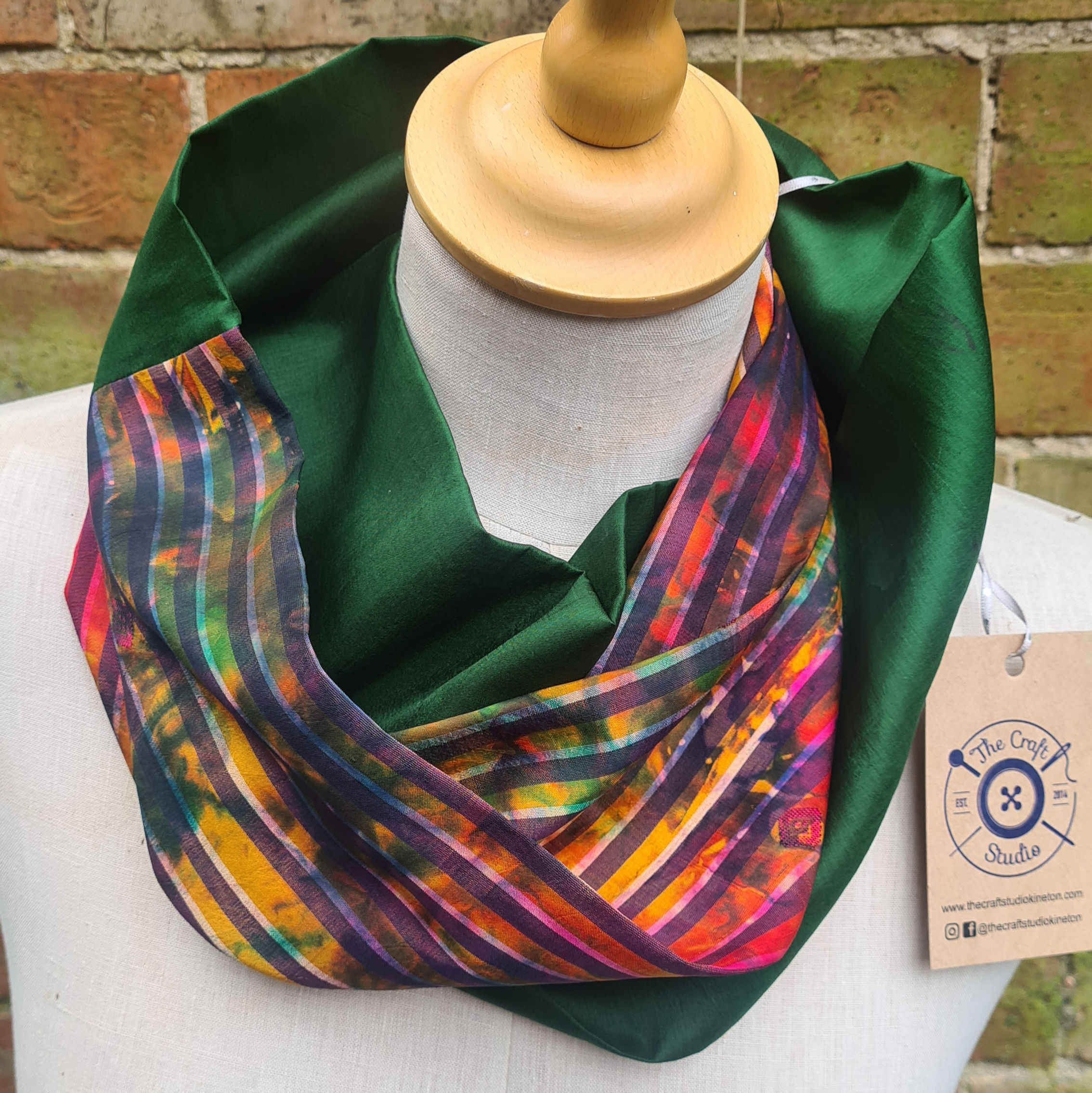 Upcycled Sari Silk Infinity Scarf - Dark Green, stripey