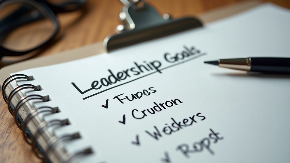 Close-up view of a notebook with leadership goals and action plans written