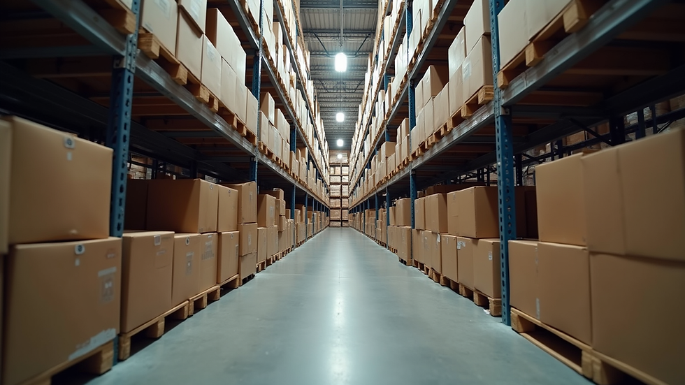 Eye-level view of warehouse shelves with organized boxes